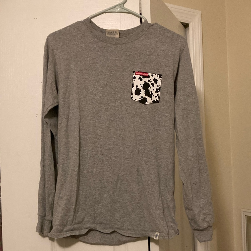 Gray Long Sleeve Shirt with Cow Print Pocket